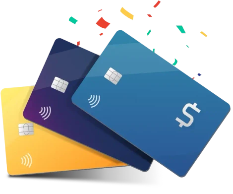 Graphic three credit cards with confetti.