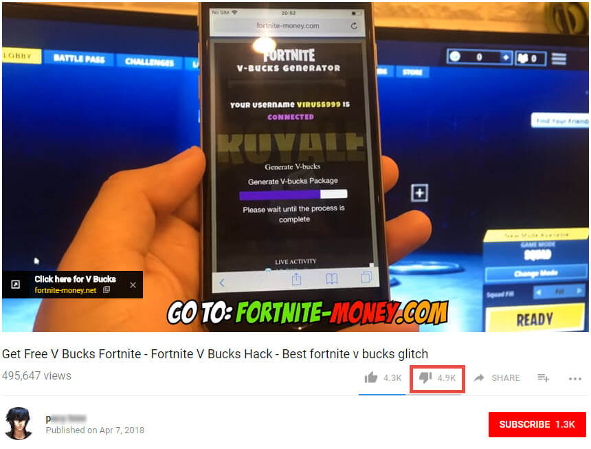 at the number of likes and dislikes a video has received and whether or not the poster is verified by youtube with a check symbol next to their name - mobile verification for fortnite