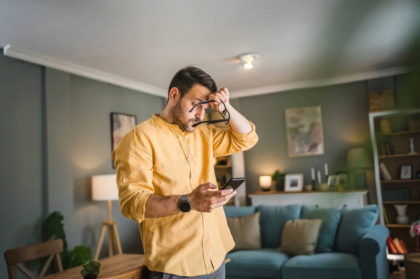 Concerned man stands in a living room holding a smartphone, with one hand raised to his forehead while holding glasses, and a sofa, lamp, and wall art visible in the background.
