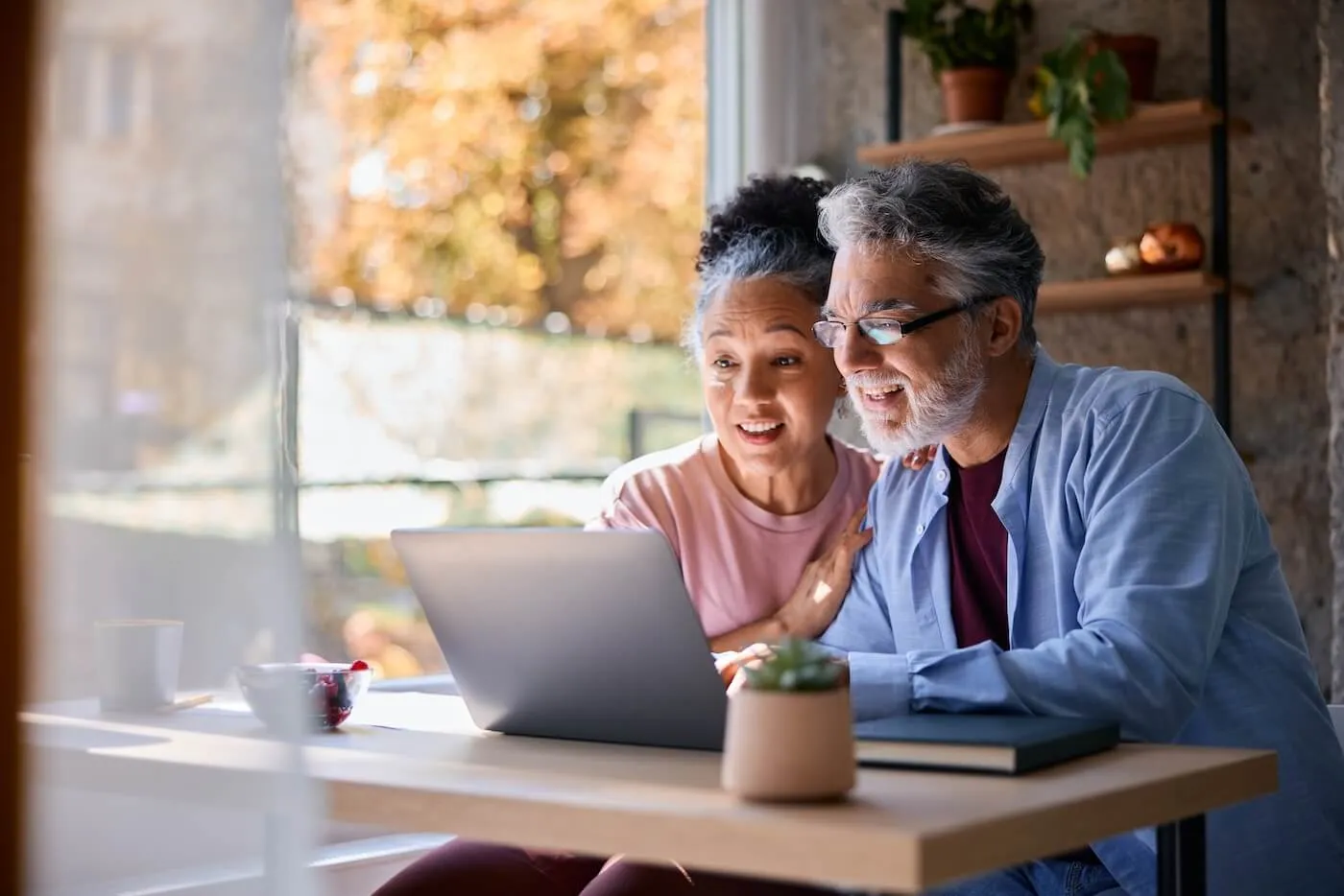 Senior couple using a laptop at home