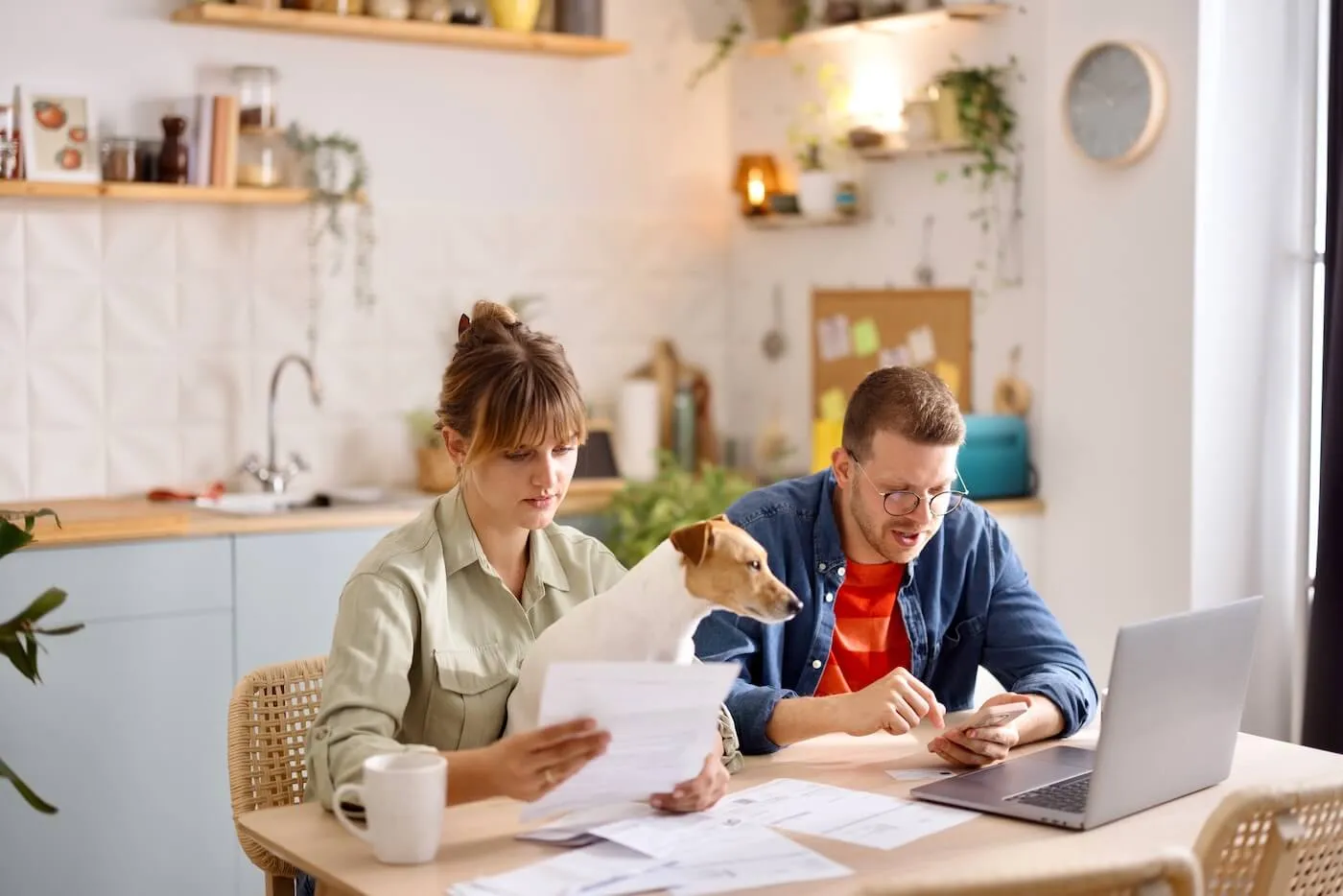 Focused couple filing taxes at home using a laptop and a smartphone, with a medium‑sized dog sitting on the woman’s lap