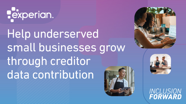 A graphic showing small business owners with a text title "Help underserved small businesses grow through creditor data contribution.