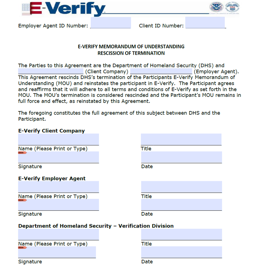 everify memorandum of understanding rescission of termination