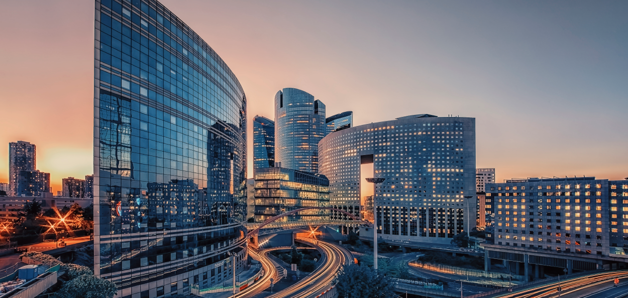 Evening city view of skyscrapers