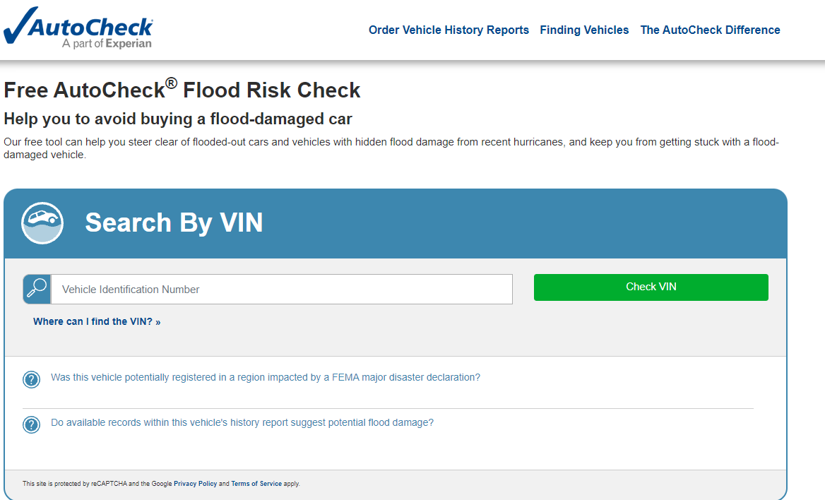AutoCheck Free Flood Check Interface