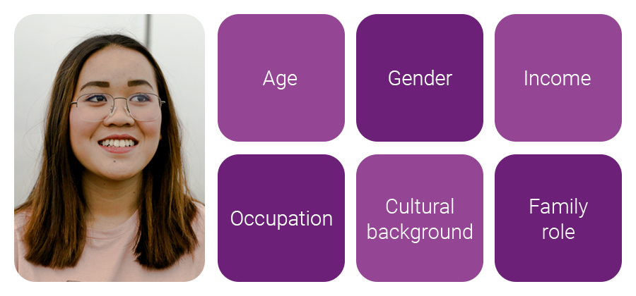 Six purple squircles that list demographic segmentation characteristics: age, gender, income, occupation, cultural background, family role.