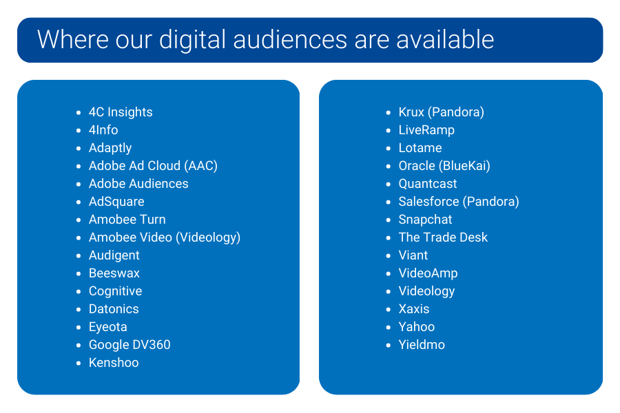 A list of where Experian digital audiences are available.