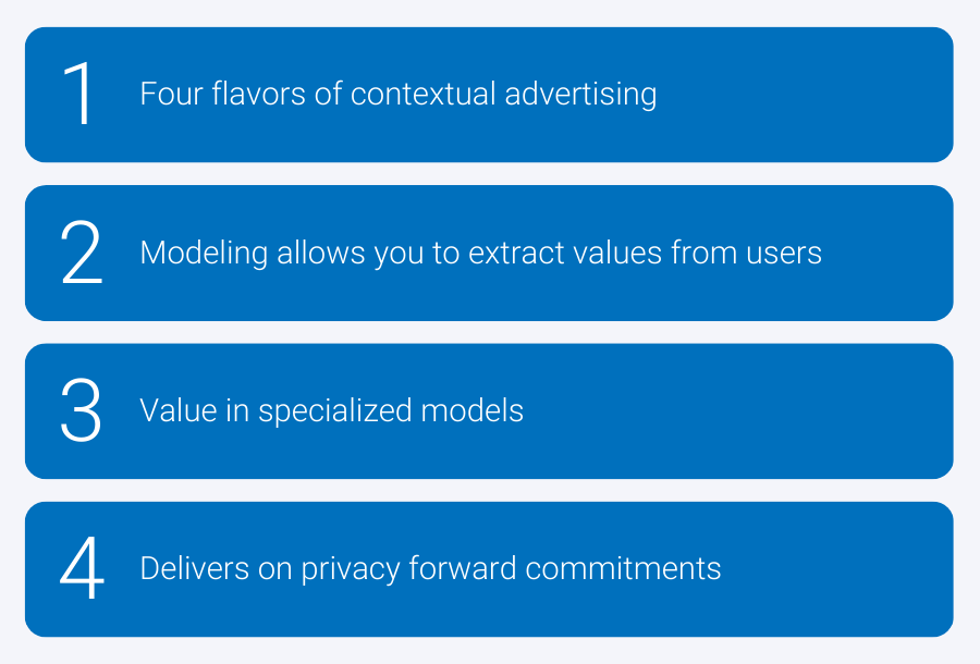 List that says 1) Four flavors of contextual advertising. 2) Modeling allows you to extract values from users. 3) Value in specialized models. 4) Delivers on privacy forward commitments