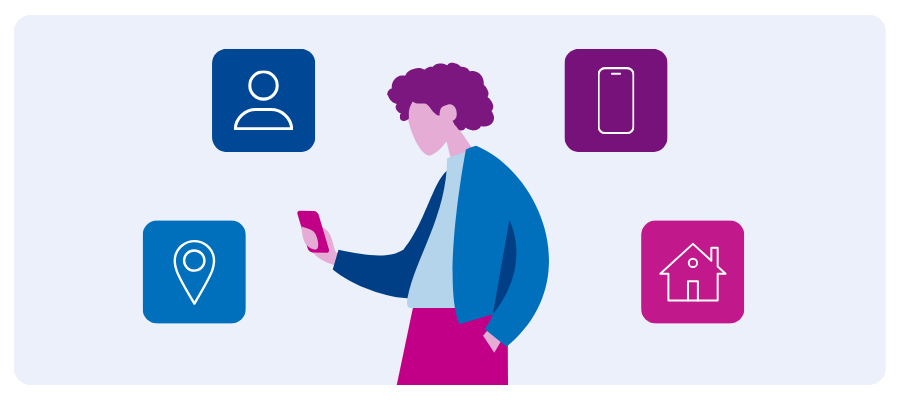 A person looking at their phone with icons for location, individual, phone, and house around them in a circle