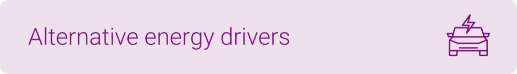 Alternative energy drivers and an electric vehicle icon with a lightning bolt.