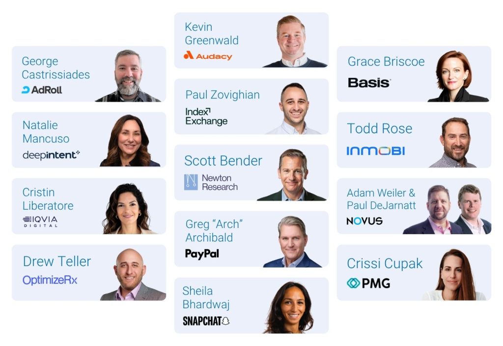 Headshots and logos for the 14 leaders featured in Experian's 2026 State of advertising report: George Castrissiades, AdRoll, Kevin Greenwald, Audacy, Grace Briscoe, Basis, Natalie Mancuso, DeepIntent, Paul Zovighian, Index Exchange, Todd Rose, InMobi, Cristin Liberatore, IQVIA Digital, Scott Bender, Newton Research, Adam Weiler and Paul DeJarnatt, Novus Media, Drew Teller, OptimizeRx, Greg "Arch" Archibald, PayPal, Crissi Cupak, PMG, Sheila Bhardwaj, Snapchat