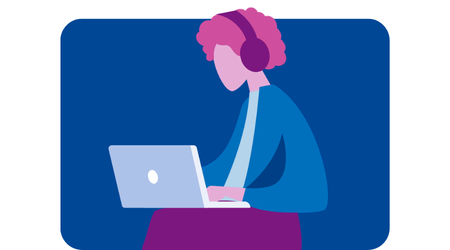 An illustration of a person on their laptop sitting down with headphones on