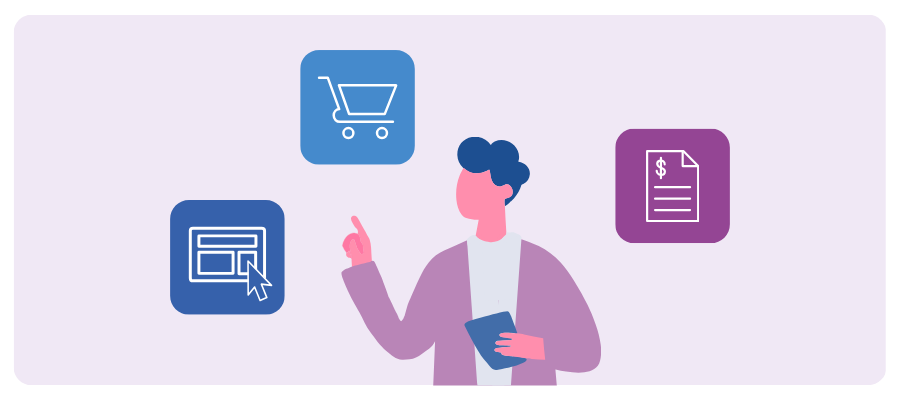 Person using a phone with icons representing online shopping, browsing, and payments