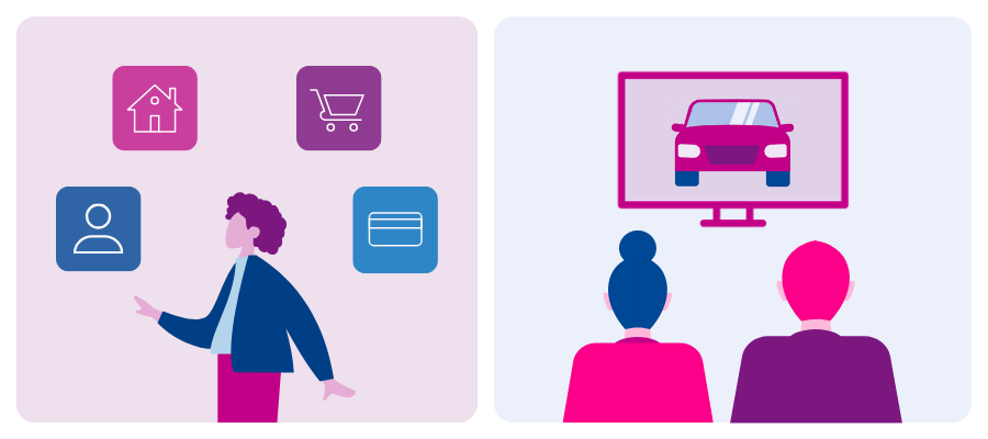 Split illustration showing audience targeting on one side and connected TV viewing on the other