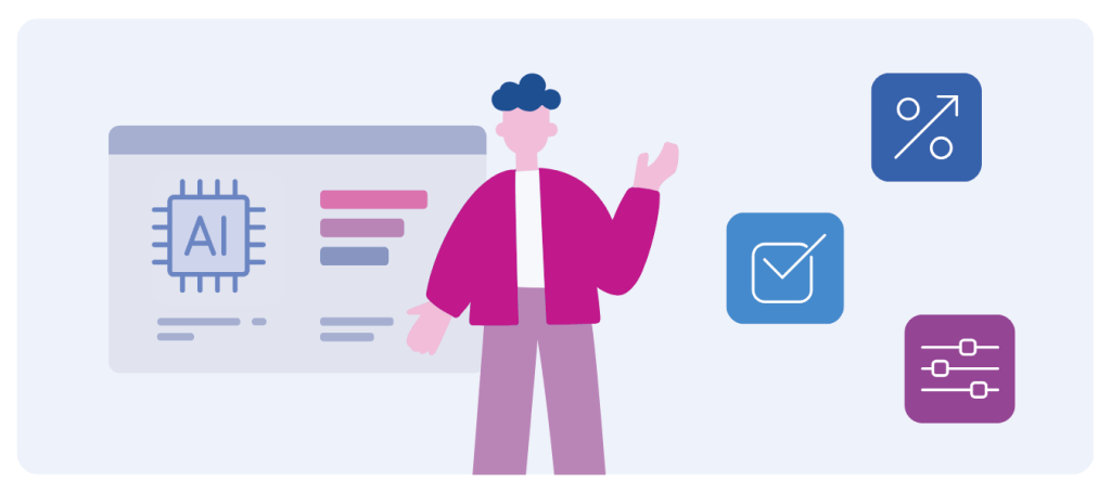 An illustration of a man with an AI icon on the left an 3 icons on the right that represent percent change, checkbox, and data.