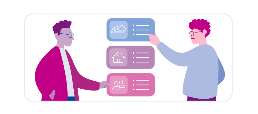 An illustration of two men pointing to audience segments that represent DIYers, hew homeowners, and consumers