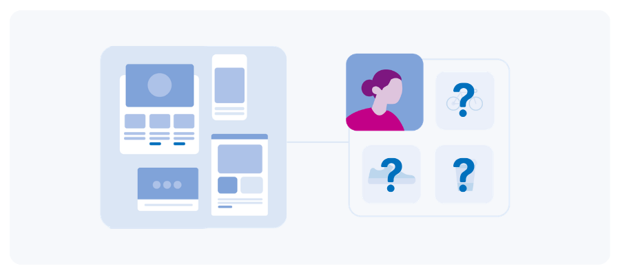 Devices and website graphics on the left connected to an illustration of a woman with purple hair surrounded by three icons with question marks