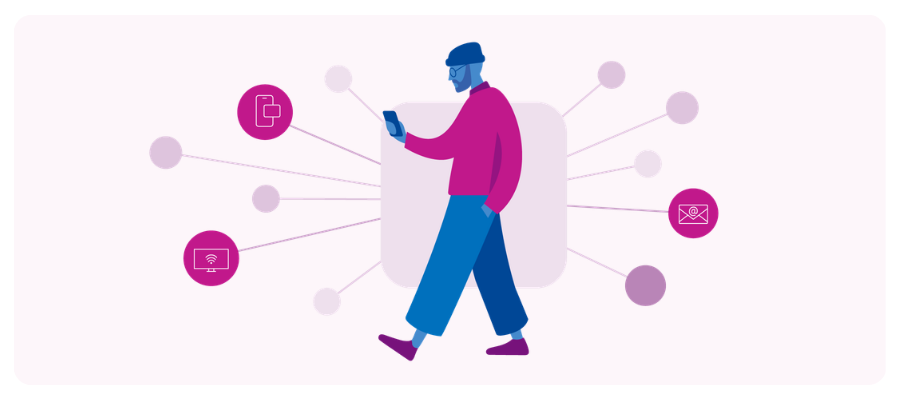 Illustration of a man surrounded by a web of icons that represent mobile, email, and connected TV