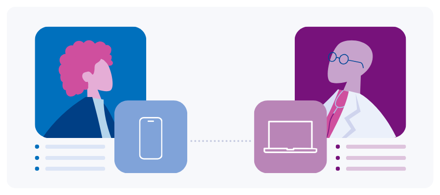 Two illustrationts. On the left is an illustration of a man with short hair with a mobile phone icon. On the right is an illustration of a man in a white coat with a laptop icon.