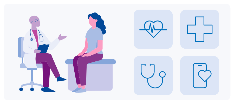 A doctor speaks to a patient with four icons next to the patient that represent the heart, medicine, stethoscope, and digital health