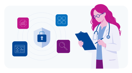 Illustration of a female doctor looking at her clipboard with icons around her that represent privacy, analytics, measurement, and connection.