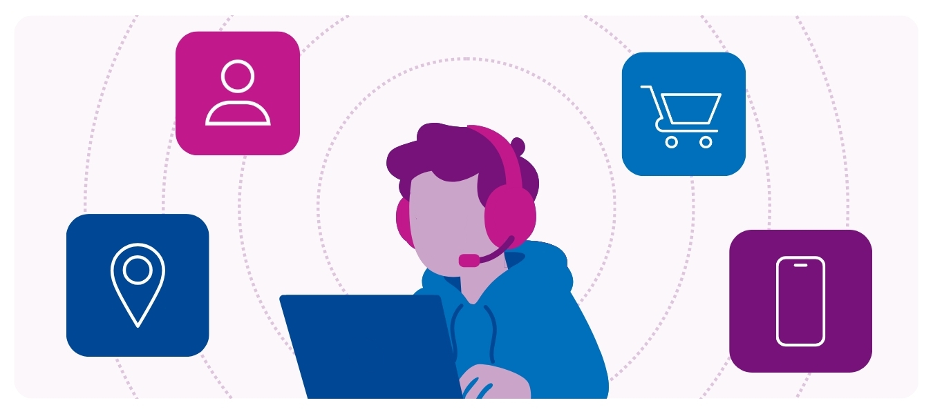 Gamer surrounded by shopping, mobile, and location icons