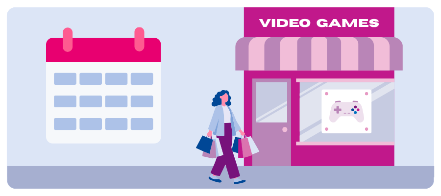 Shopper walking toward a video game store