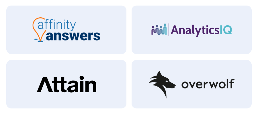 Affinity Answers, AnalyticsIQ, Attain, and Overwolf logos