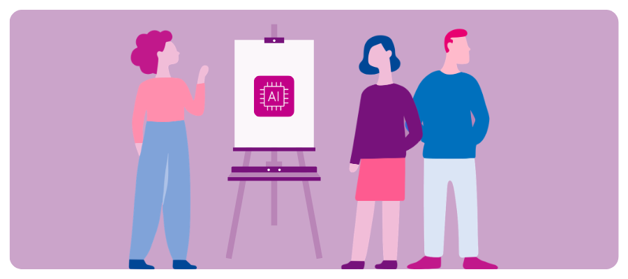 People viewing AI presentation on easel