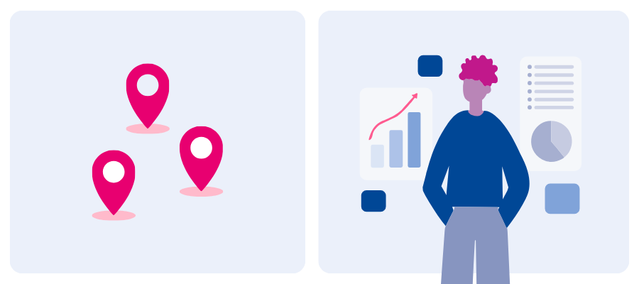 Map pins beside an analyst and data charts