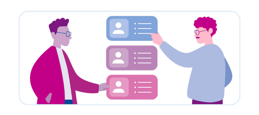 Two people exchanging audience segment cards