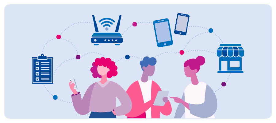 Three people surrounded by connected devices and services