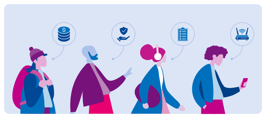 Four people with icons for services and devices