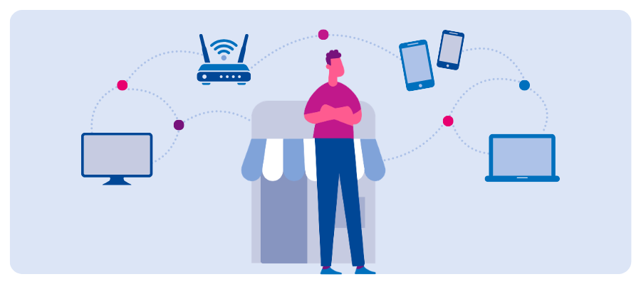 Retailer connected to phones, computer, and Wi-Fi