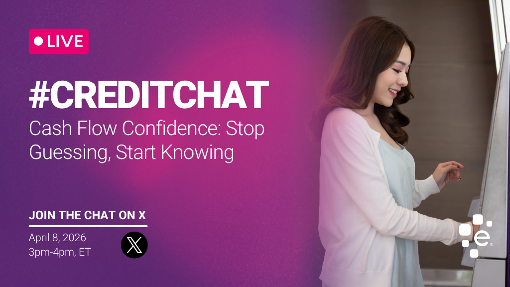 Promotional graphic for a live #CreditChat titled “Cash Flow Confidence: Stop Guessing, Start Knowing.” Event is April 8, 2026, from 3–4 PM ET on X. Image shows a woman smiling while using a touchscreen kiosk, with Experian branding.
