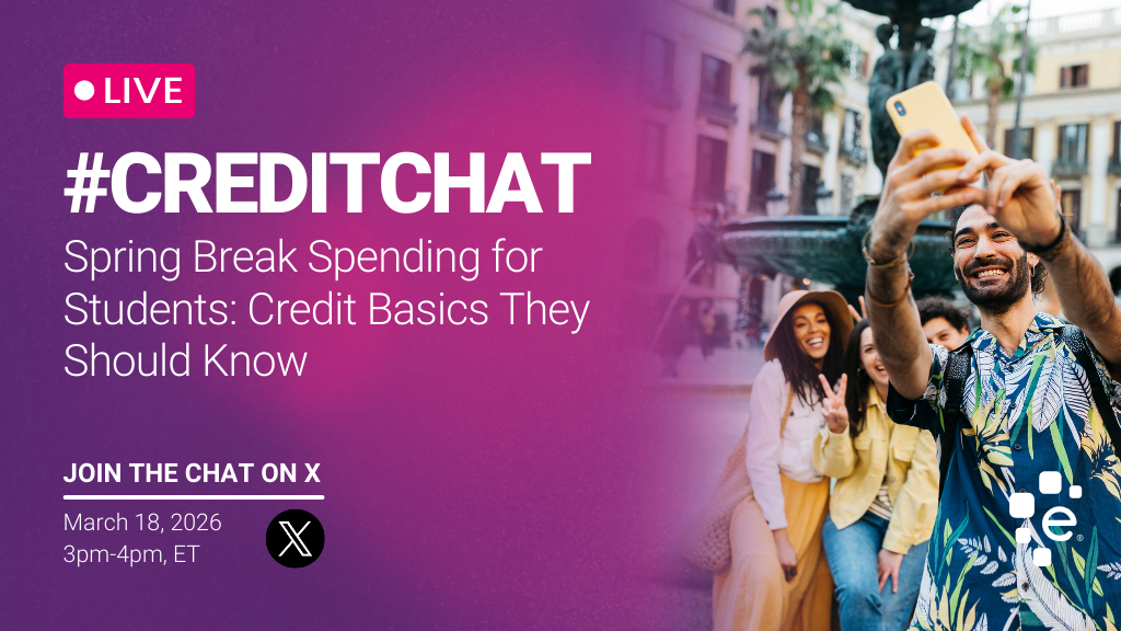 Promotional graphic for a live #CREDITCHAT titled “Spring Break Spending for Students: Credit Basics They Should Know.” Text on a pink-to-purple gradient background reads “LIVE,” “Join the chat on X,” and “March 18, 2026, 3pm–4pm ET,” alongside the X logo. On the right, a group of smiling college-age friends take a selfie outdoors in front of a fountain and palm trees