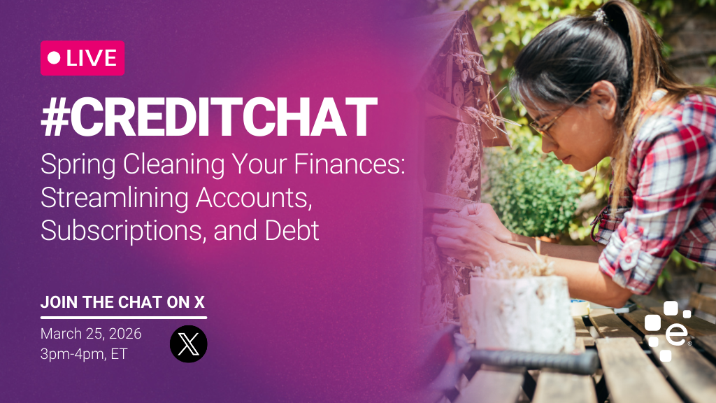 Promotional graphic for a live #CREDITCHAT titled “Spring Cleaning Your Finances: Streamlining Accounts, Subscriptions, and Debt.” Text on a pink-to-purple gradient background reads “LIVE,” “Join the chat on X,” and “March 25, 2026, 3pm–4pm ET,” alongside the X logo. On the right, a woman wearing glasses and a plaid shirt works outdoors at a wooden table, focused on a hands-on project in a garden setting.