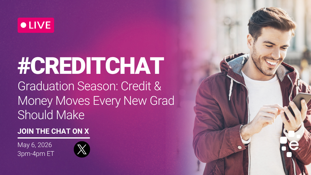 Promotional graphic for a live #CreditChat event titled “Graduation Season: Credit & Money Moves Every New Grad Should Make.” It invites viewers to join the chat on X on May 8, 2026, from 3–4 PM ET. The design features a purple gradient background with bold white text on the left and, on the right, a smiling young man in a jacket looking at his phone.