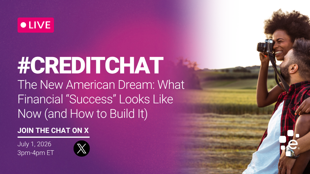 Promotional graphic for a live #CreditChat titled “The New American Dream: What Financial ‘Success’ Looks Like Now (and How to Build It).” It invites viewers to join the chat on X on July 1, 2026, from 3–4 PM ET. The design features a purple gradient background with bold white text on the left, and on the right two people outdoors in a field, one holding a camera and smiling while taking a photo.