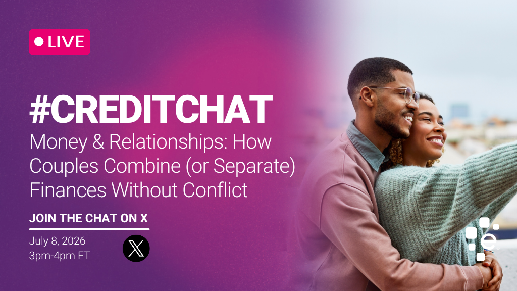 Promotional graphic for a live #CreditChat titled “Money & Relationships: How Couples Combine (or Separate) Finances Without Conflict.” Event is July 8, 2026, from 3–4 PM ET on X. Image shows a couple smiling and embracing while taking a selfie outdoors, with Experian branding.