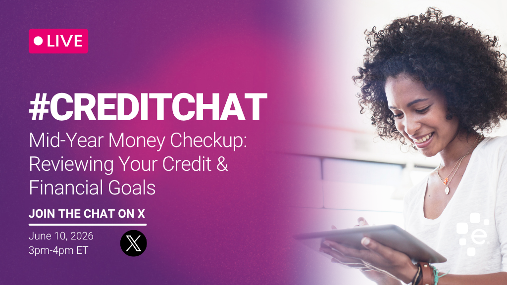 Promotional graphic for a live #CreditChat titled “Mid-Year Money Checkup: Reviewing Your Credit & Financial Goals.” It invites viewers to join the chat on X on June 10, 2026, from 3–4 PM ET. The design features a purple gradient background with bold white text on the left, and on the right a smiling woman with curly hair looking down at a tablet.