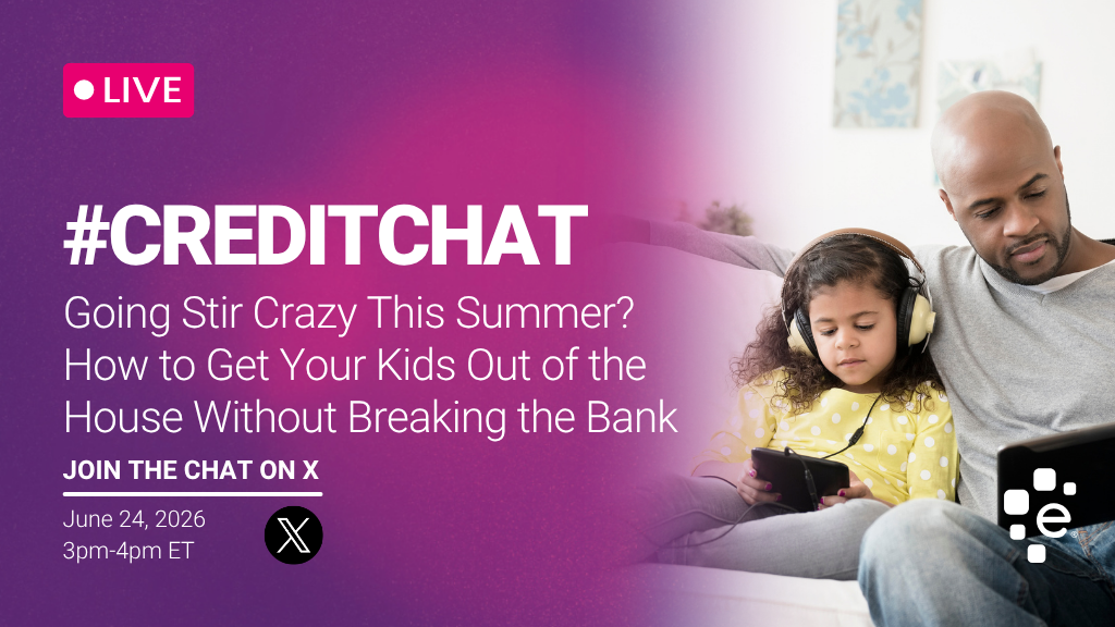 Promotional graphic for a live #CreditChat titled “Going Stir Crazy This Summer? How to Get Your Kids Out of the House Without Breaking the Bank.” It invites viewers to join the chat on X on June 24, 2026, from 3–4 PM ET. The design features a purple gradient background with bold white text on the left, and on the right a man and a young child sitting together on a couch, both looking at handheld devices, with the child wearing headphones.
