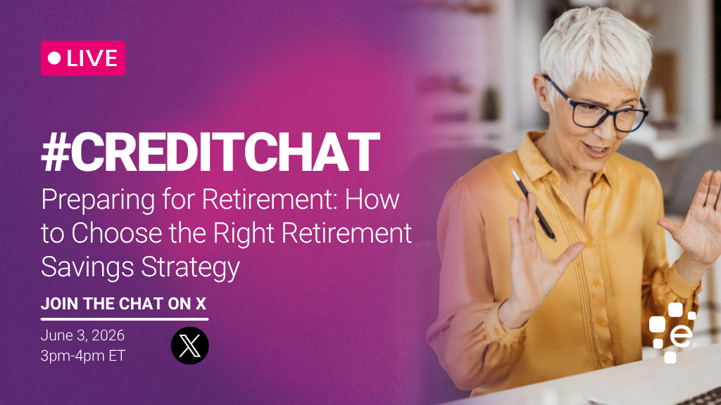 Promotional graphic for a live #CreditChat titled “Preparing for Retirement: How to Choose the Right Retirement Savings Strategy.” It invites viewers to join the chat on X on June 3, 2026, from 3–4 PM ET. The design features a purple gradient background with bold white text on the left, and on the right an older woman with short white hair and glasses smiling and gesturing while holding a pen, seated at a laptop.