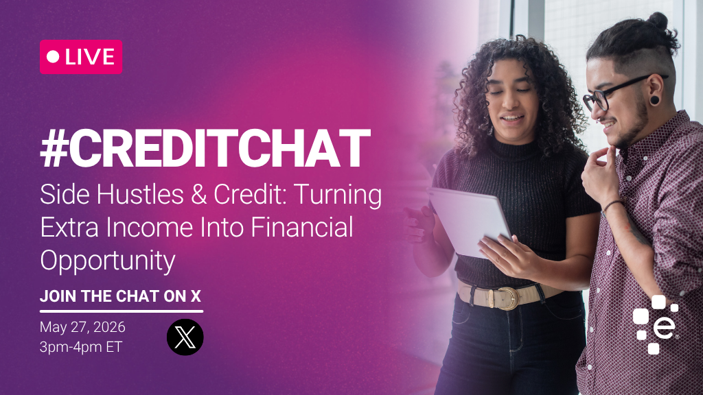 Promotional graphic for a live #CreditChat titled “Side Hustles & Credit: Turning Extra Income Into Financial Opportunity.” It invites viewers to join the chat on X on May 27, 2026, from 3–4 PM ET. The design features a purple gradient background with bold white text on the left, and on the right two people standing together and looking at a tablet, appearing engaged in a financial discussion.