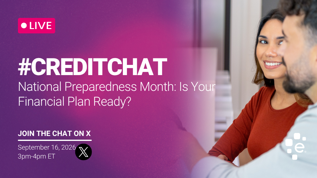 Promotional graphic for a live #CreditChat titled “National Preparedness Month: Is Your Financial Plan Ready?” Event is September 16, 2026, from 3–4 PM ET on X. Image shows two people discussing documents together at a table, with Experian branding.