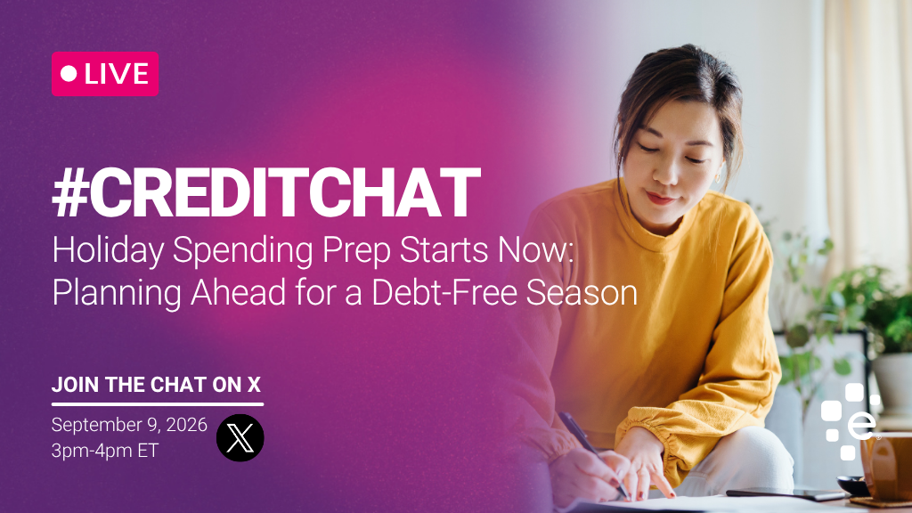Promotional graphic for a live #CreditChat titled “Holiday Spending Prep Starts Now: Planning Ahead for a Debt-Free Season.” Event is September 9, 2026, from 3–4 PM ET on X. Image shows a woman writing in a notebook while planning at home, with Experian branding.
