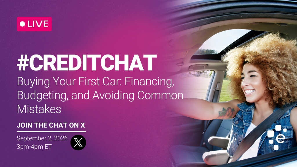Promotional graphic for a live #CreditChat titled “Buying Your First Car: Financing, Budgeting, and Avoiding Common Mistakes.” Event is September 2, 2026, from 3–4 PM ET on X. Image shows a smiling woman sitting in the driver’s seat of a car while wearing a seat belt, with Experian branding.