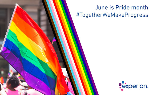 Experian Pride Flag; Experian is an LGBTQ+ friendly workplace.