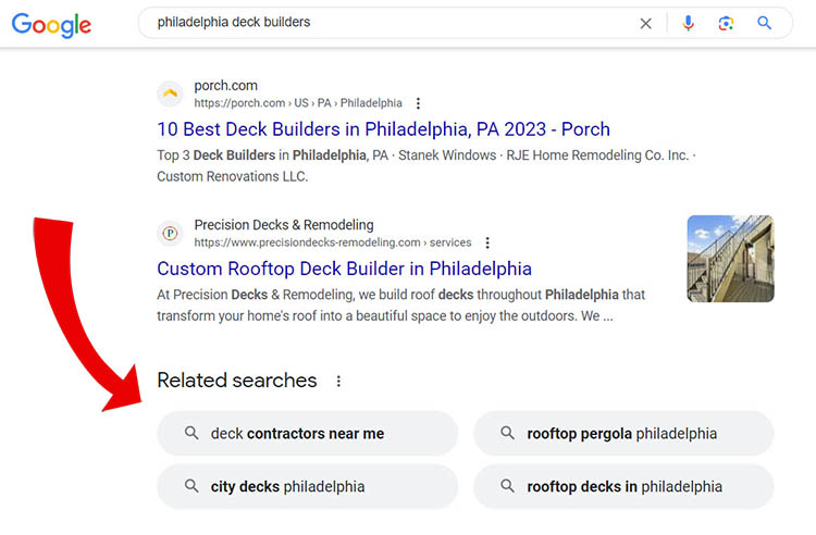picture of effective internet search engine results for "philadelphia deck builders"