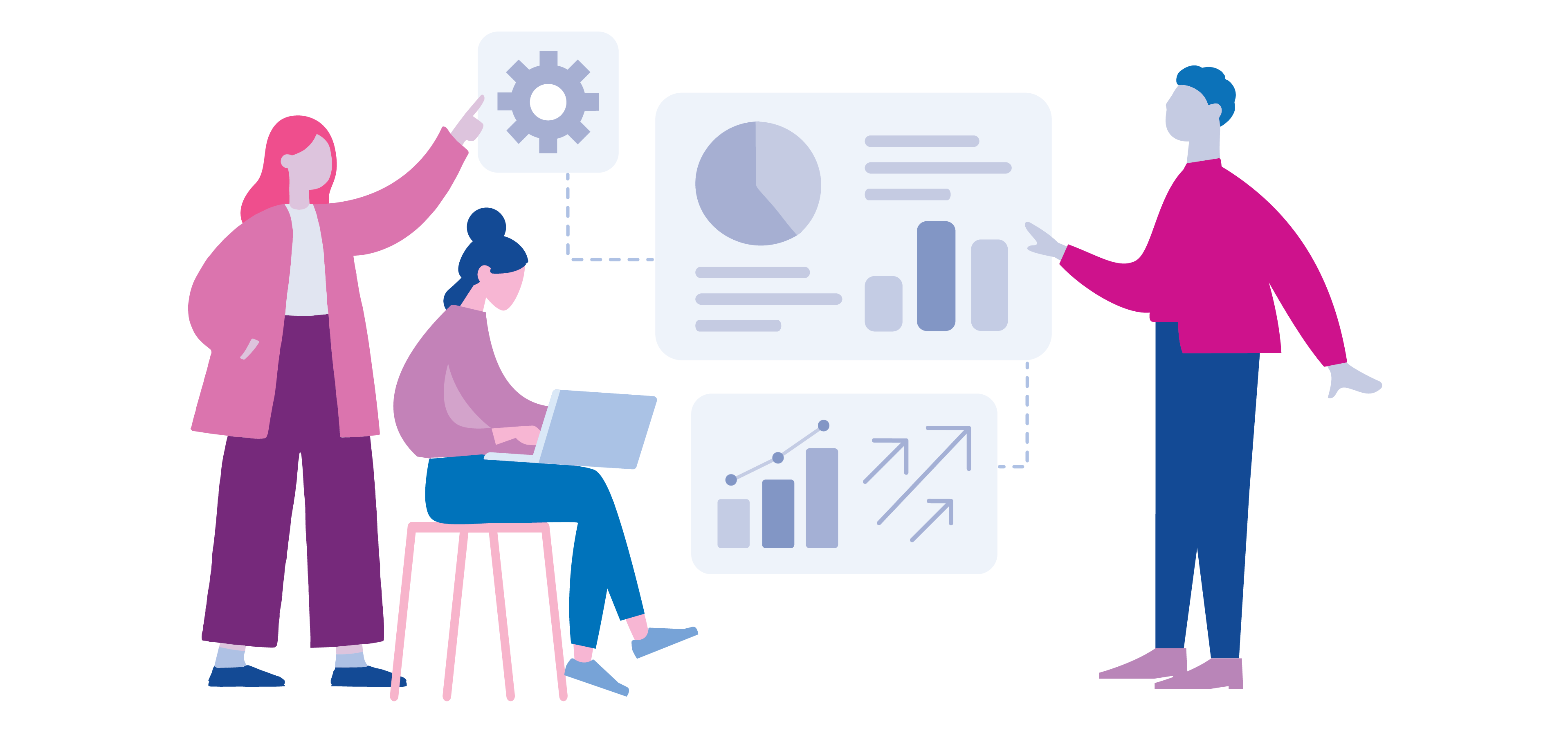 People standing looking at graphs and charts